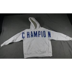 Vintage Champion Hoodie Mens L Reverse Weave White Blue Logo Pullover